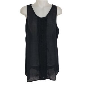 Liz Lange Maternity Top Medium Black Sleeveless Front Lace Detail Ties Pom Pom